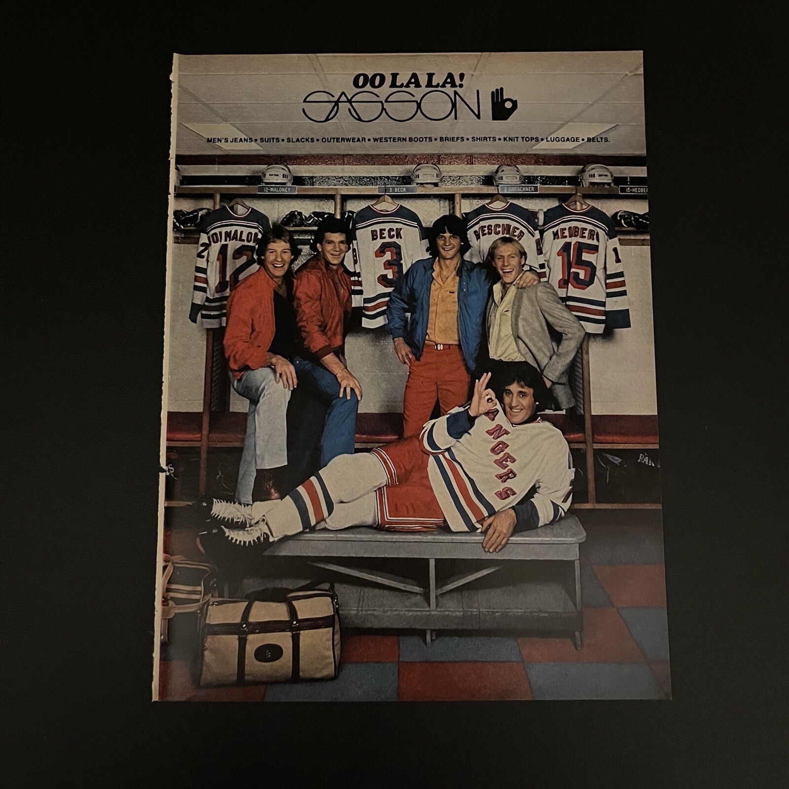 1981 Phil Esposito New York Rangers Locker Room Sasson Jeans Print Ad Oo La La