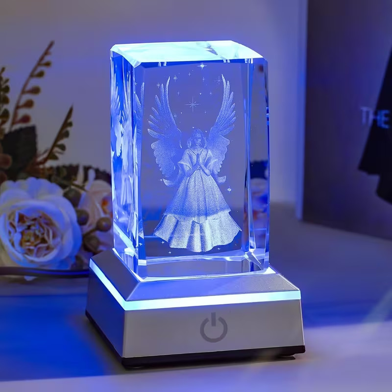 3D Crystal Guardian Angel Figurine with Colorful Light Base Laser Engraved 3D Crystal Guardian Angel Figurine with Colorful Light Base Laser Engraved