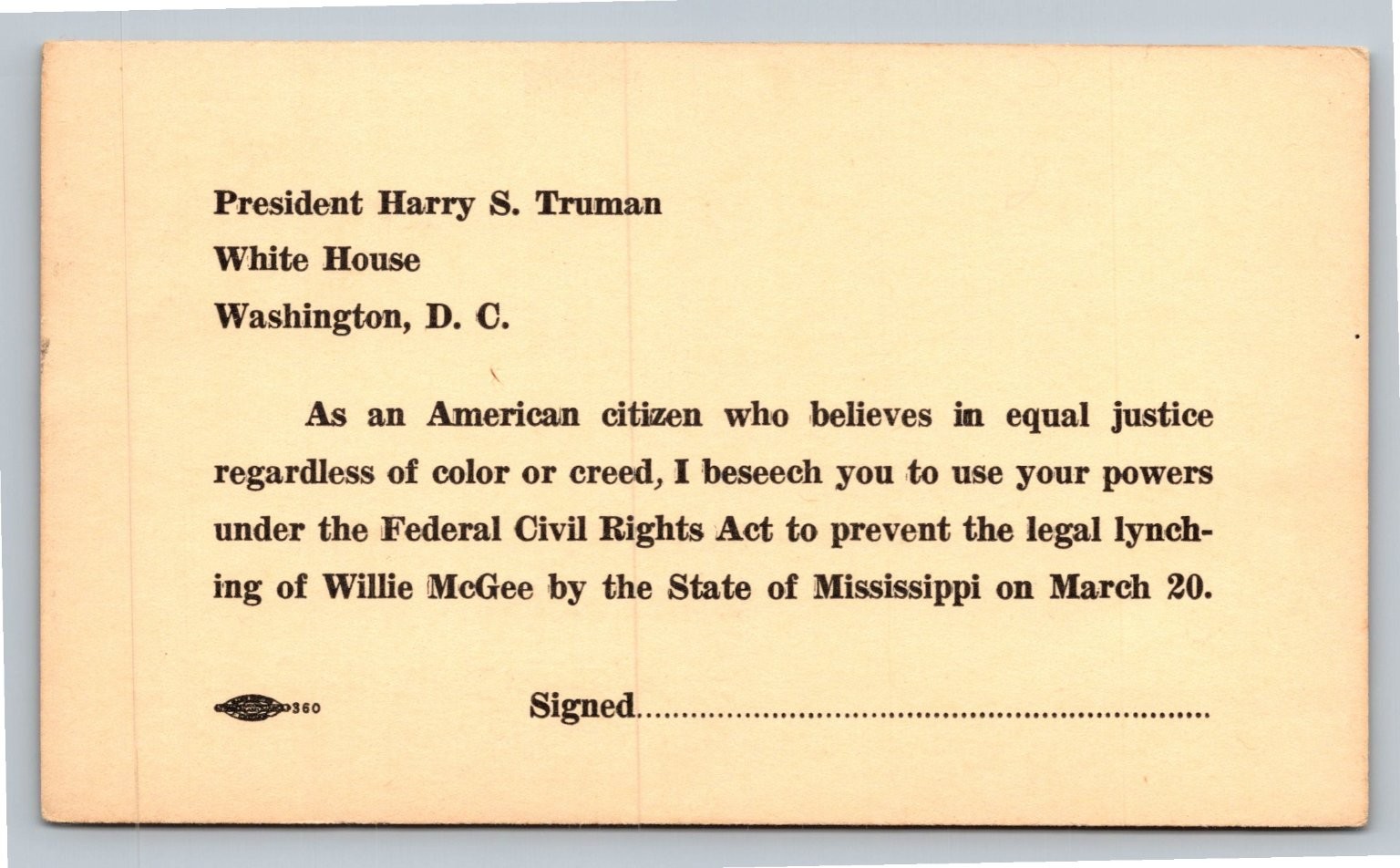 1951 Willie McGee Civil Rights Protest Postcard President Truman Unposted