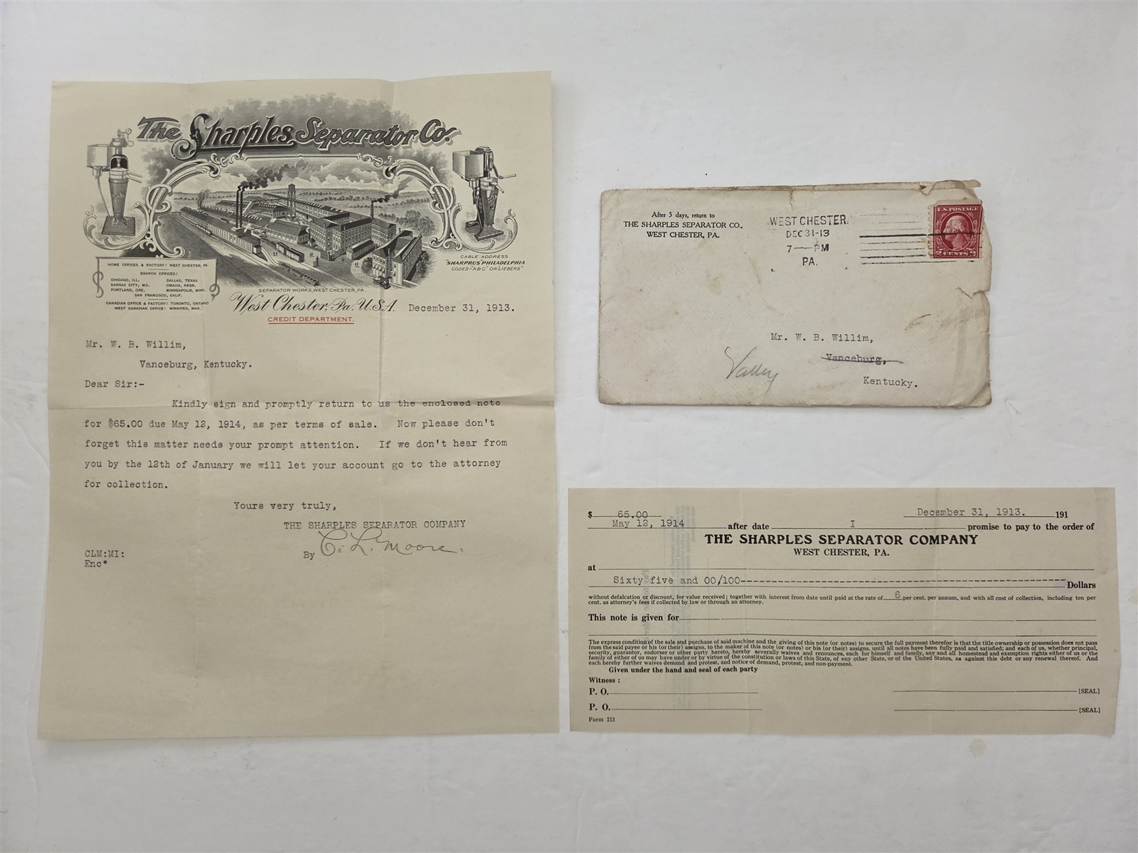 1913 antique SHARPLES SEPARATOR CO west chester pa illus LETTERHEAD NOTE ad