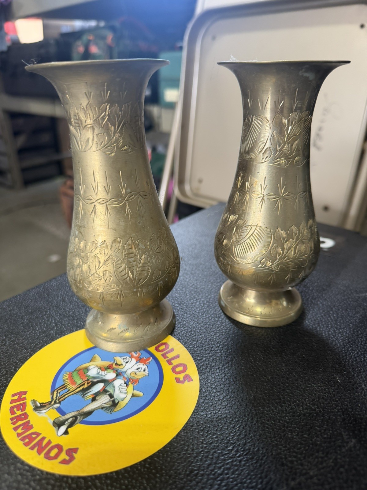 Vintage Pair Engraved Brass Bud Vases Made in India Floral 7” Mid Century