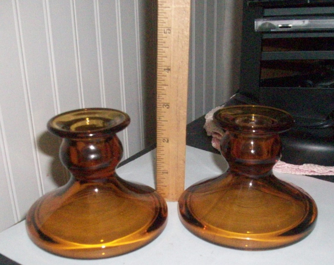 Pair vintage 1930-40\'s elegant dark amber glass candle stick holders LOVELY