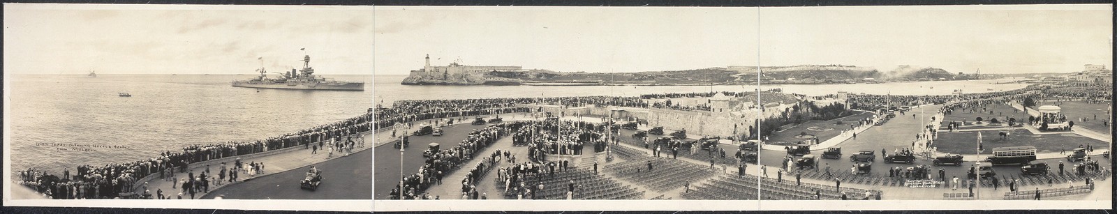 Havana Cuba 1928 U.S.S. Texas Entering Harbor Malecon Panoramic Crowd