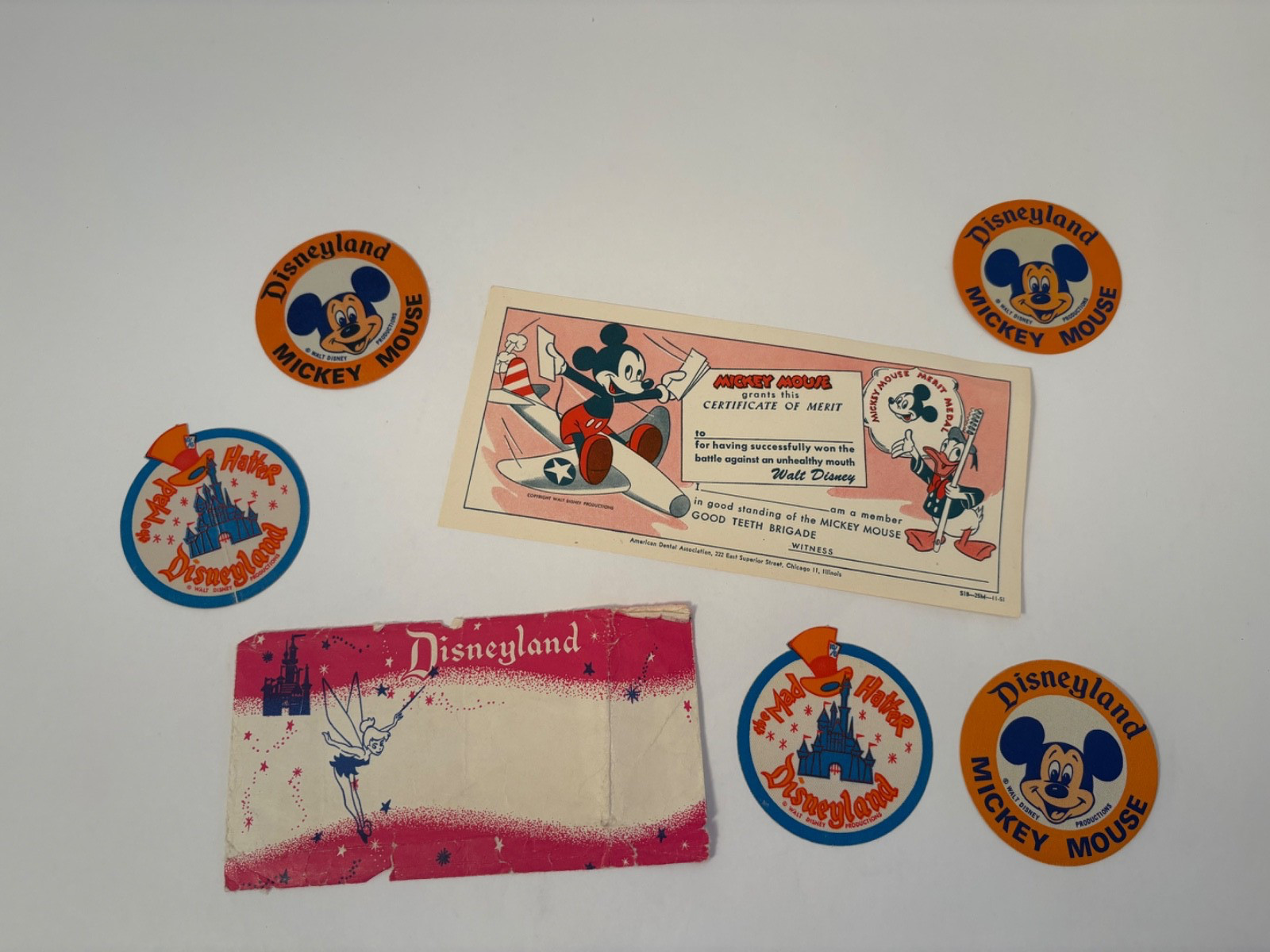 Vintage Disneyland Stickers, ticket envelope, certificate of merit