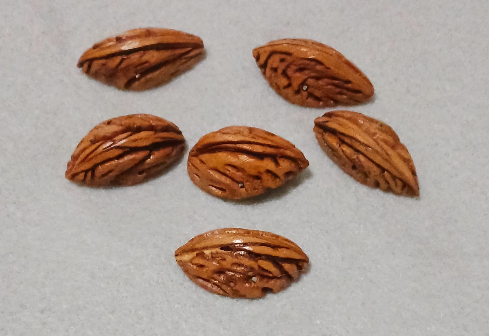 Six Vintage Hand Carved Peach Pit Stones Button Lot-Folkart-Novelty-Unique 