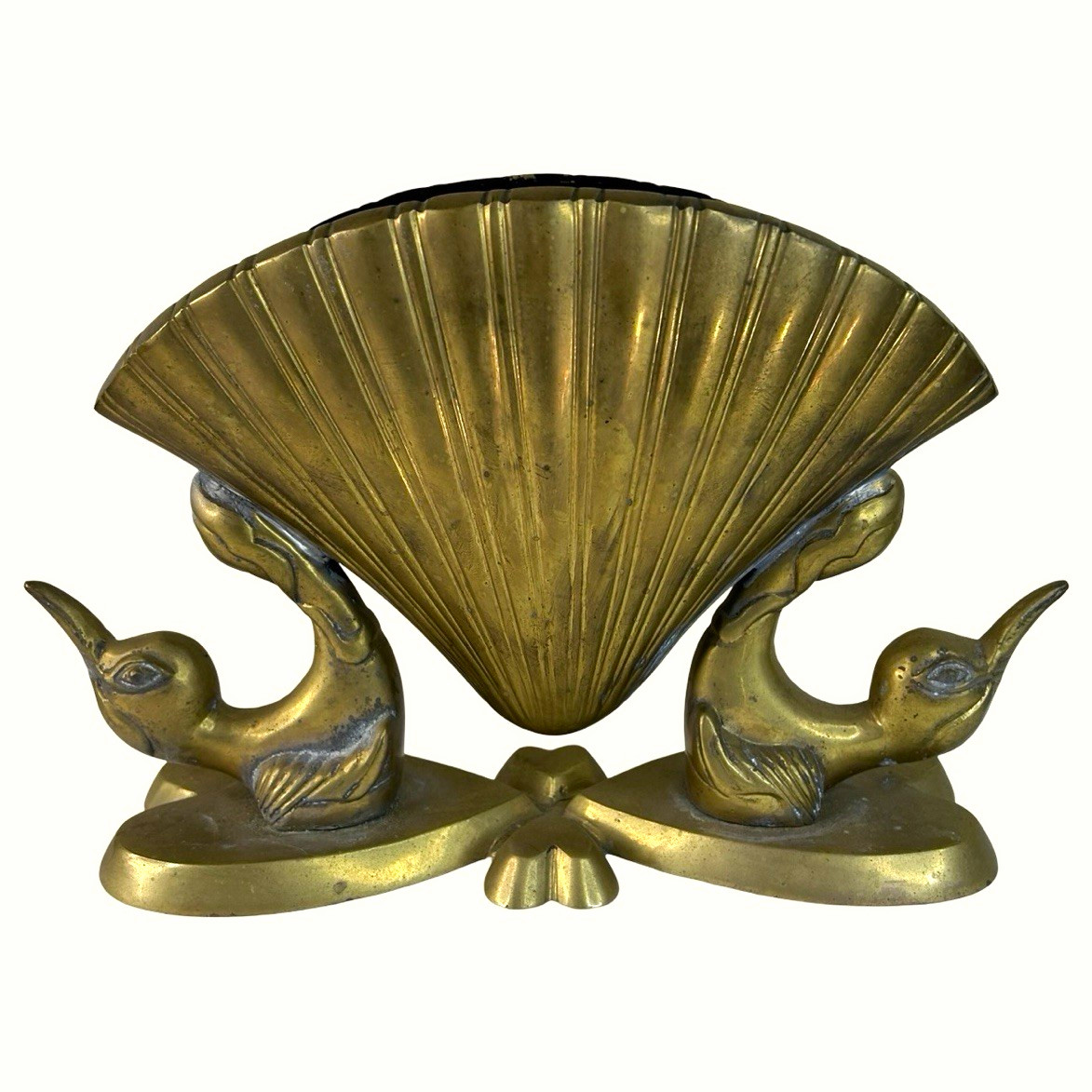 Vintage Large Heavy Brass Scalloped Planter w/ Birds Heart Design 14”