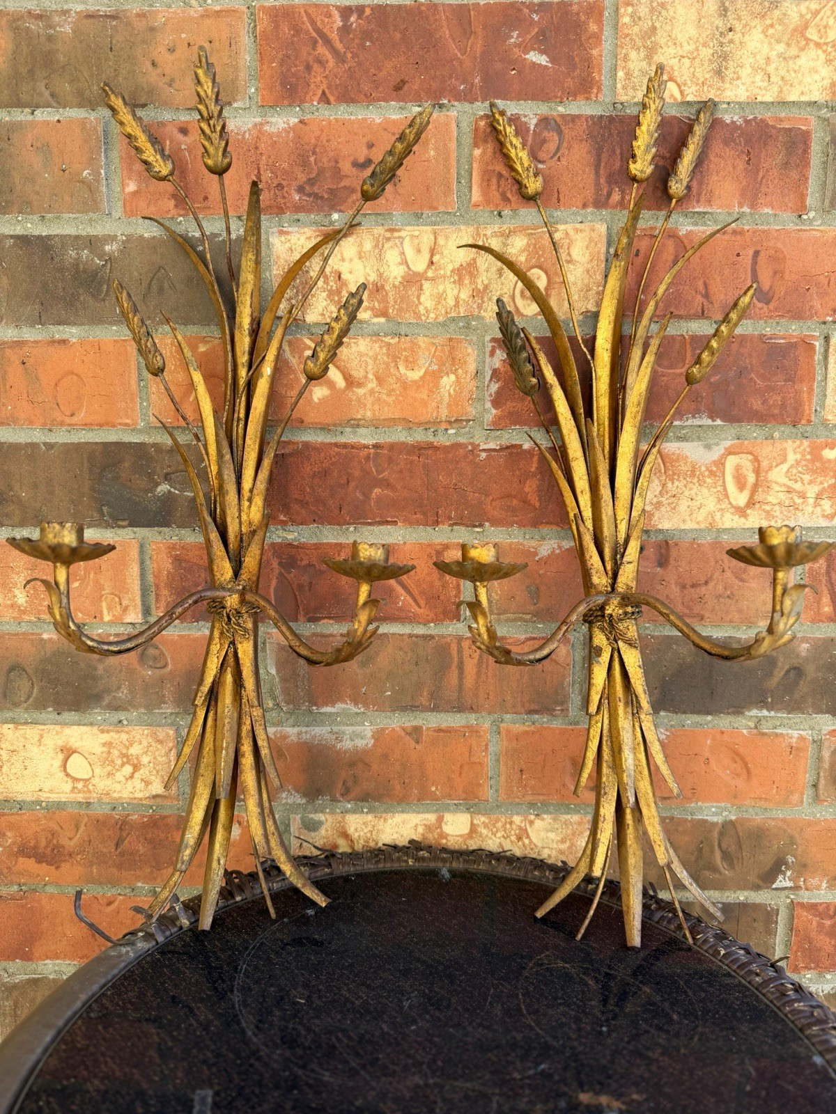 Vintage Italian Gilt Tole Wheat Sheaf Wall Sconces Hollywood Regency Pair