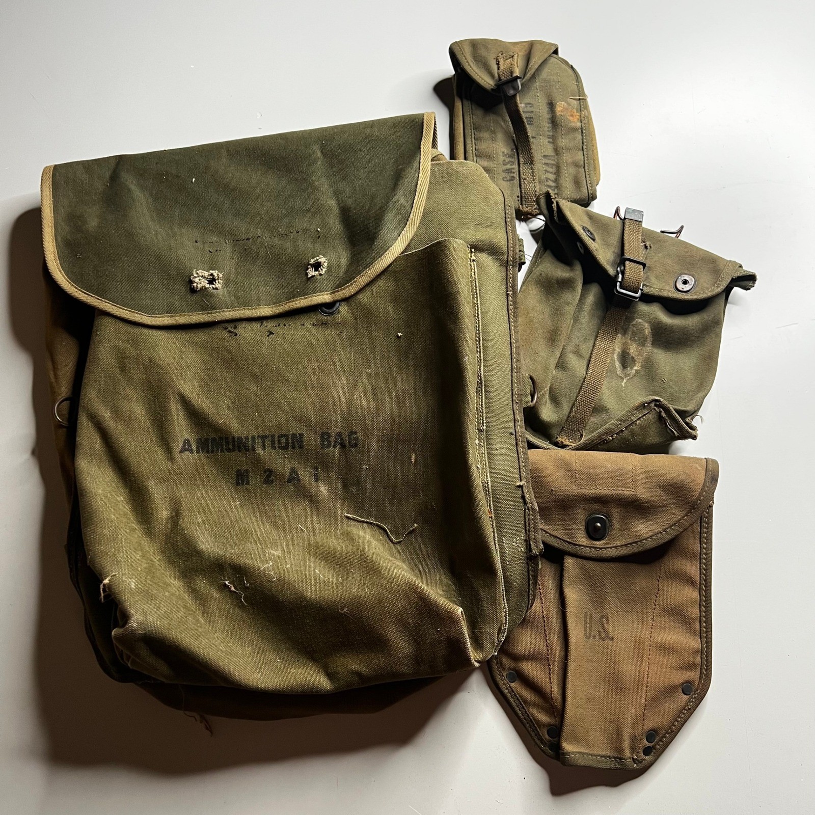 Vintage 1945 WWII US Military M2A1 Ammunition Bag & Canvas Pouch Lot Olive Drab