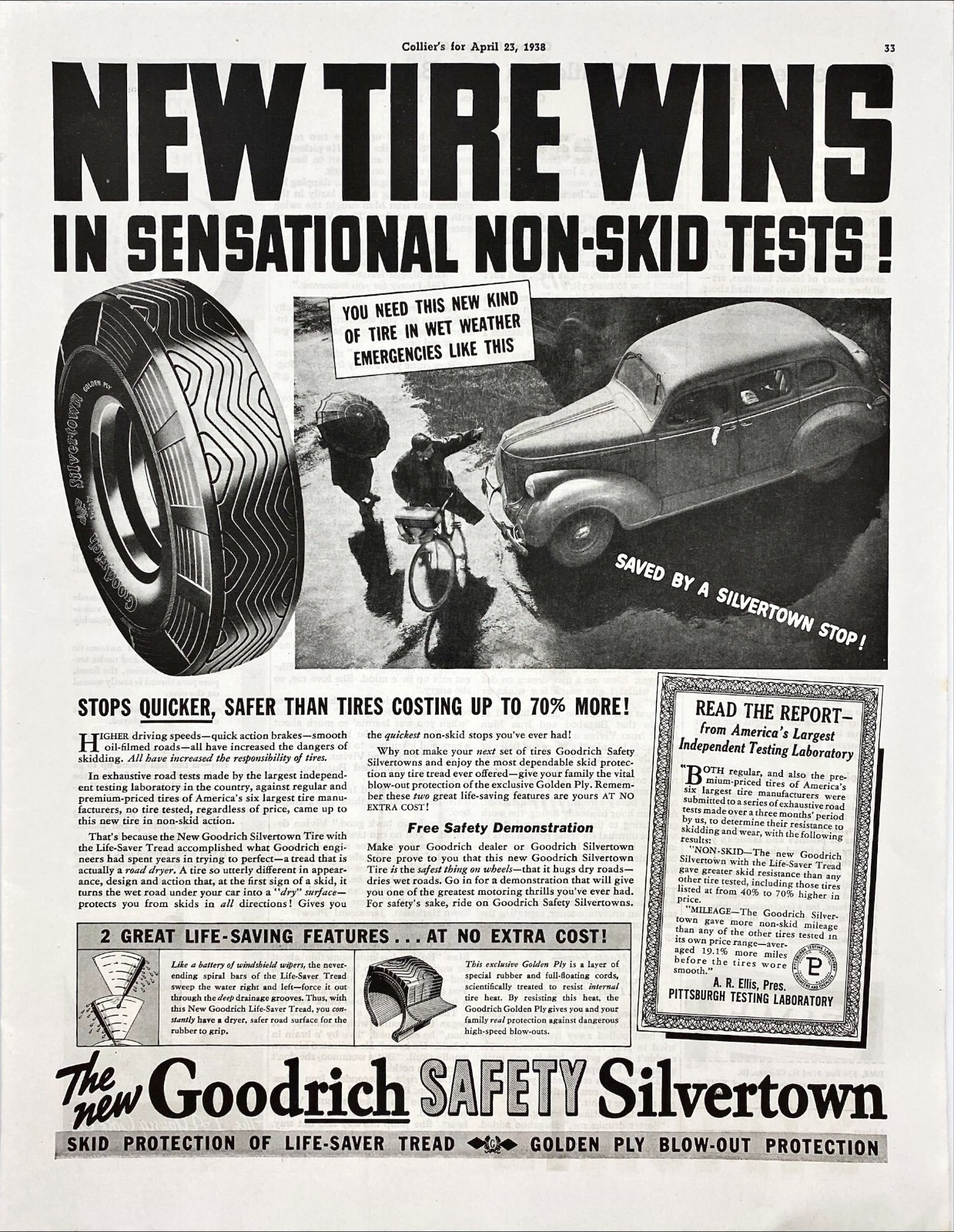 Goodrich Rubber Co Safety Silvertown Tires Skid Proof 1938 Vtg Magazine Print Ad