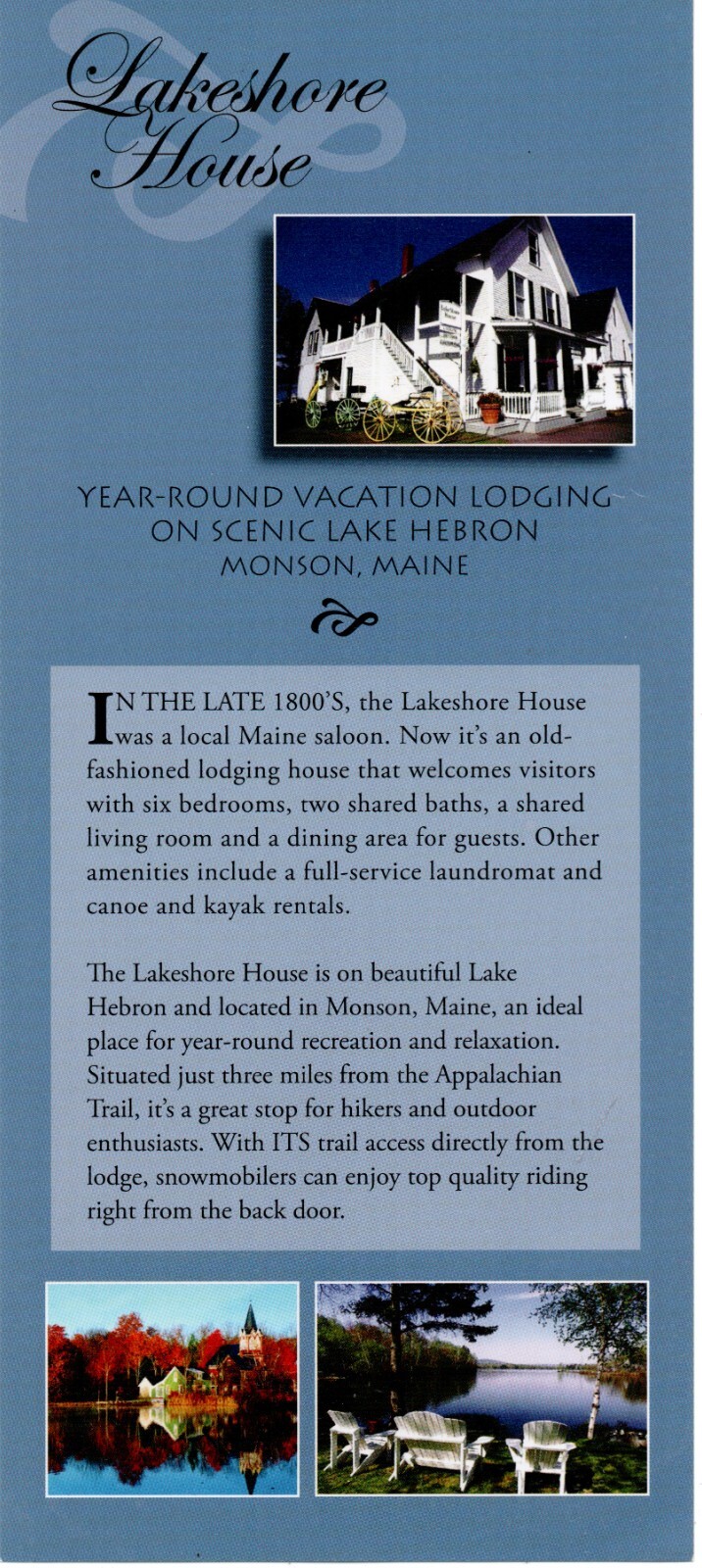 Travel Rack Card, Lakeshore House, Monson, Maine c2019 Lake Hebron Pub & Eatery Travel Rack Card, Lakeshore House, Monson, Maine c2019 Lake Hebron Pub & Eatery