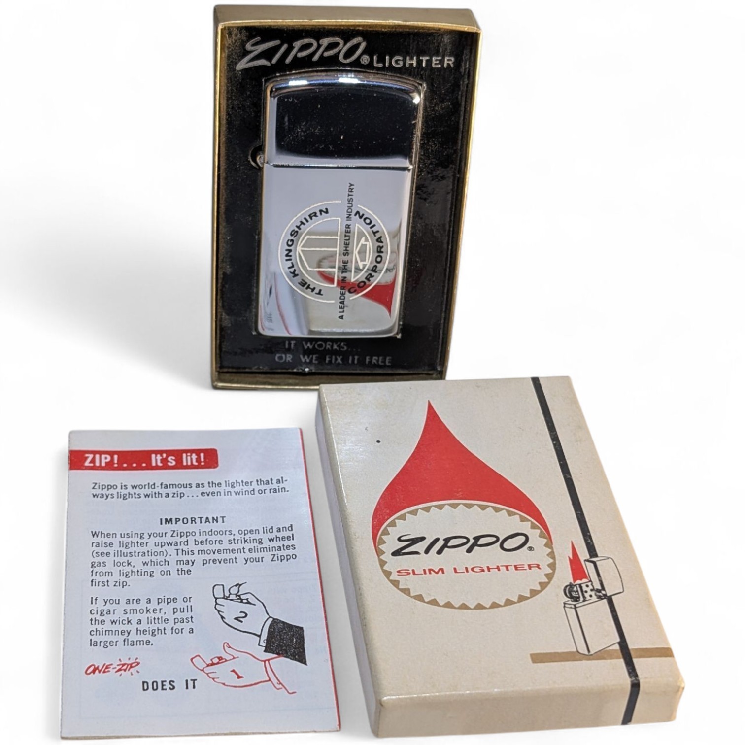 Zippo Slim Vintage 1972 Lighter NEW IN BOX The Klingshirn Corporation Shelter's