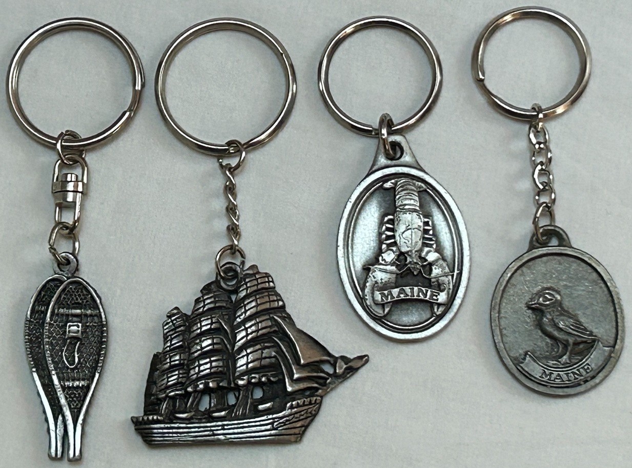 Lot of 4 Vintage Keychains Snowshoes, Sailboat, Maine Lobster & Bird