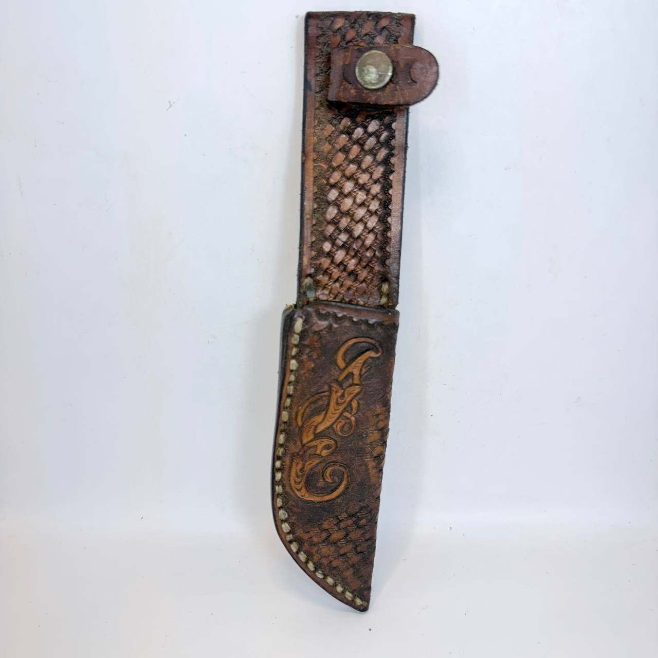 Vintage Handcrafted H Leadbeater Leather Knife Sheath Basketweave Tooling 9in