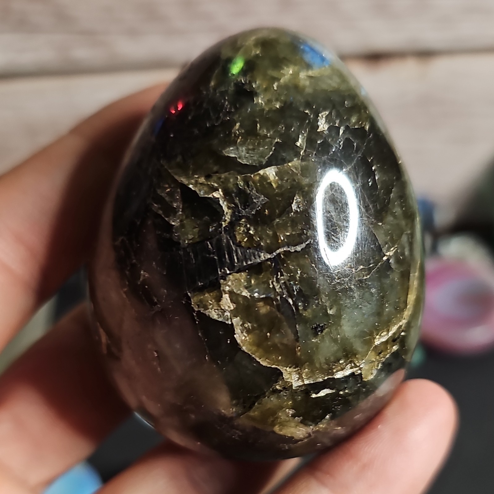 Labradorite Crystal Egg – 9.5 oz Flashy Blue Green Fire Polished Freeform Displa