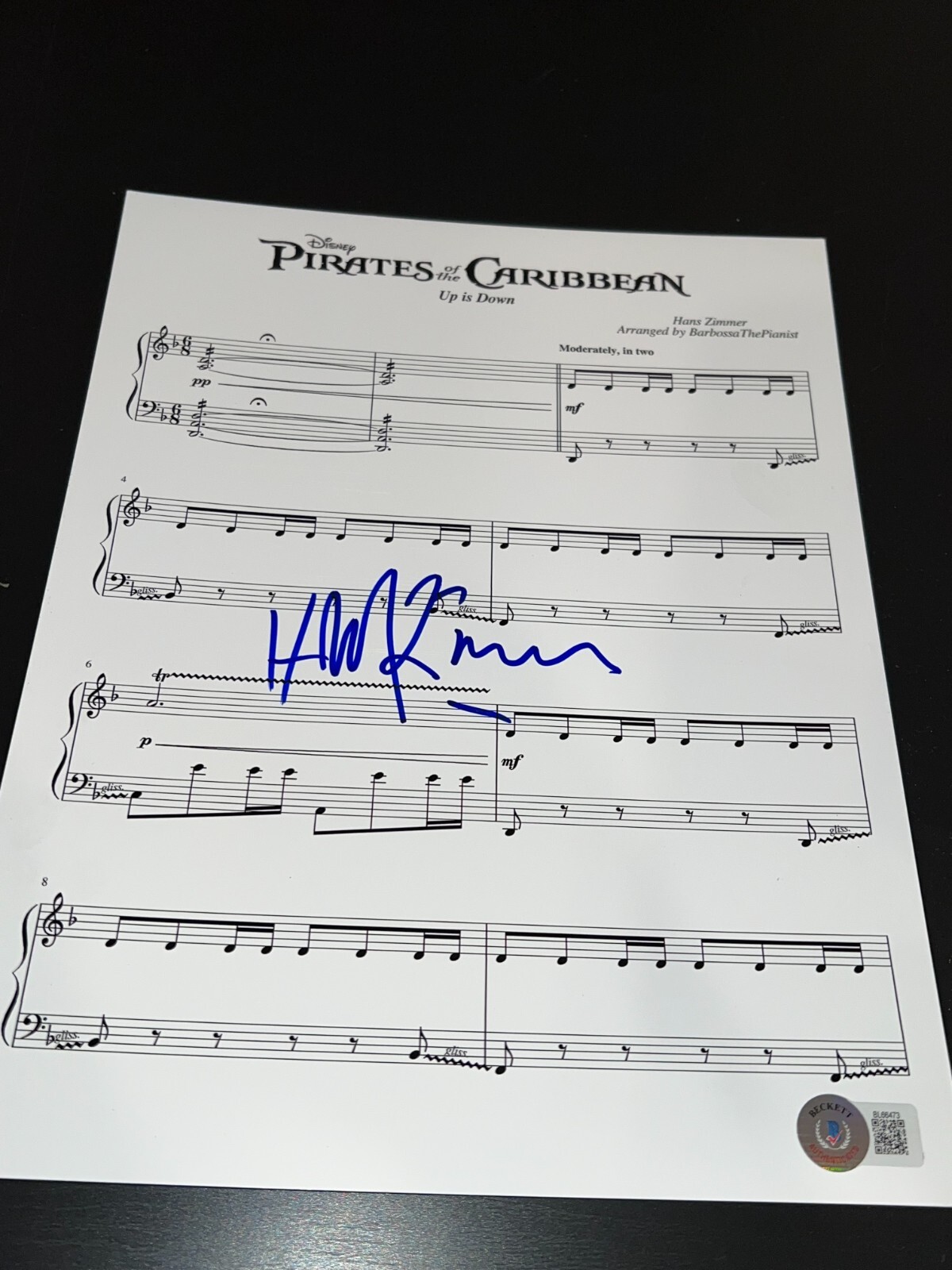 HANS ZIMMER SIGNED AUTOGRAPH SHEET MUSIC PIRATES OF THE CARIBBEAN BECKETT BAS D