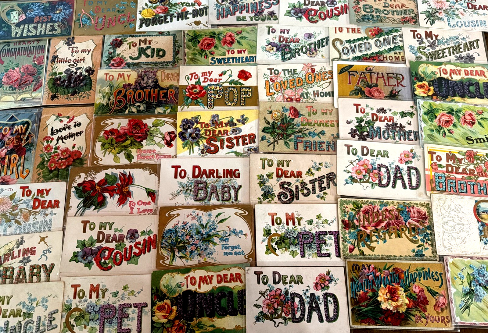 Huge~Lot of 70 Greetings~Postcards with~Words~To Family~Flowers~Big Letters~s748