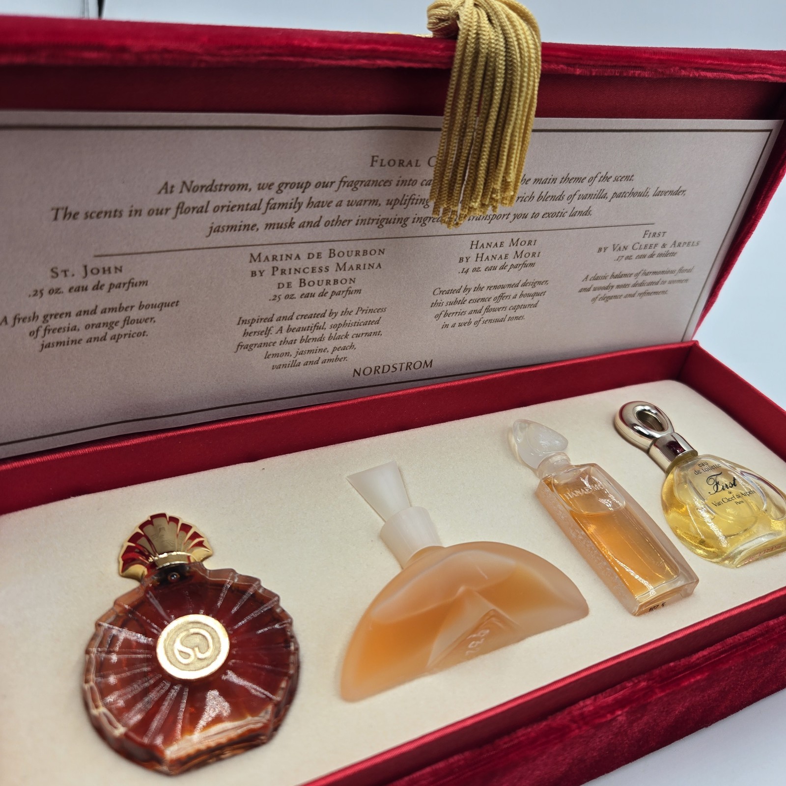 Vtg 1996 Nordstrom Floral Oriental Fragrance set of four bottles New In Box Rare