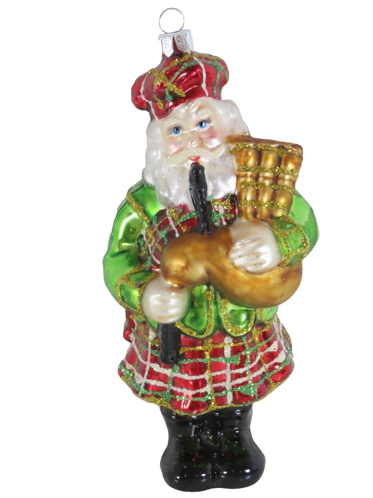 Summit Scottish Santa Play Bagpipes Kilt Blown Glass Christmas Ornament 6\
