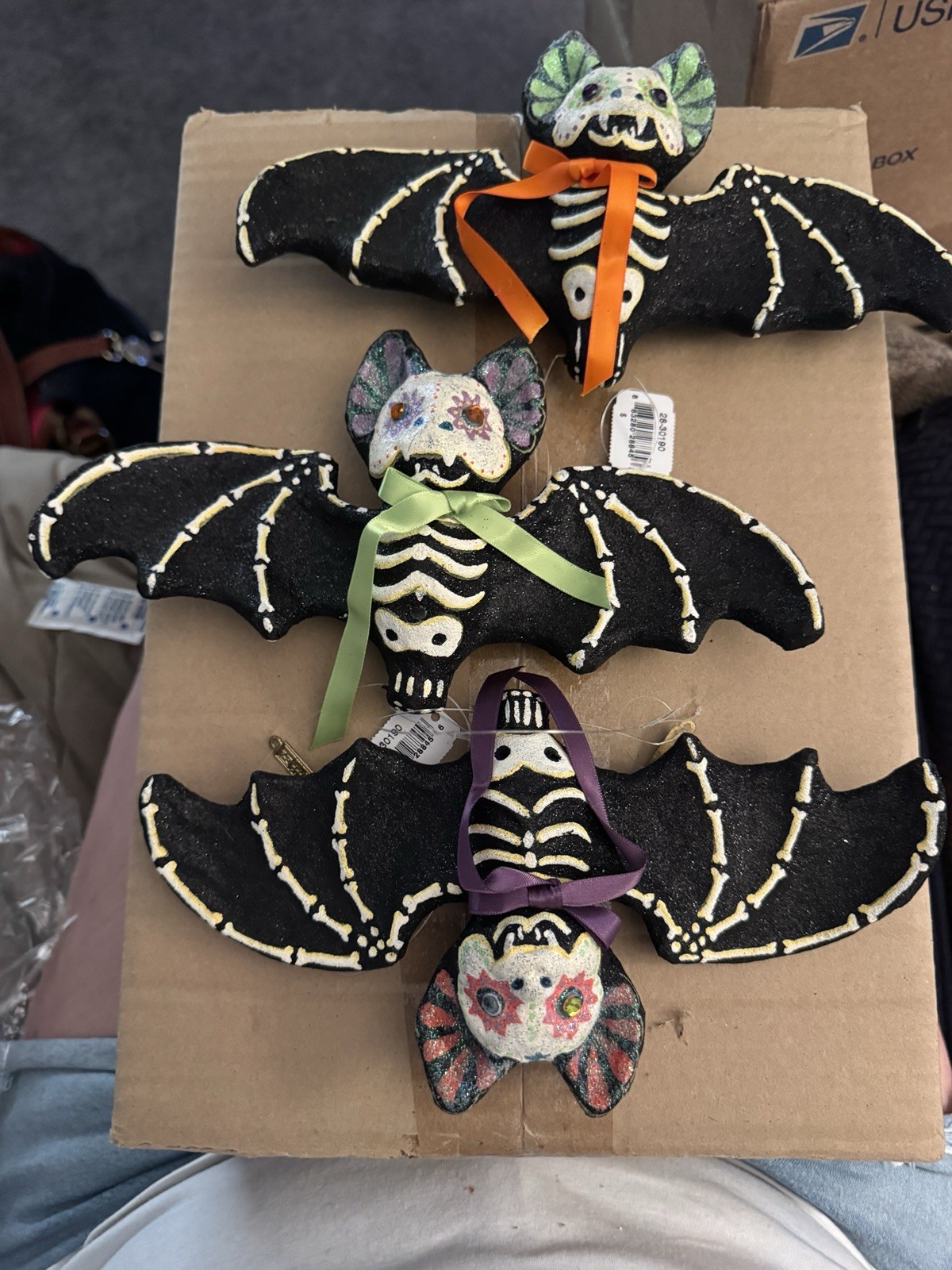Katherine’s Collection - Halloween Glittered Skeleton Bat Ornaments -Set of 3 