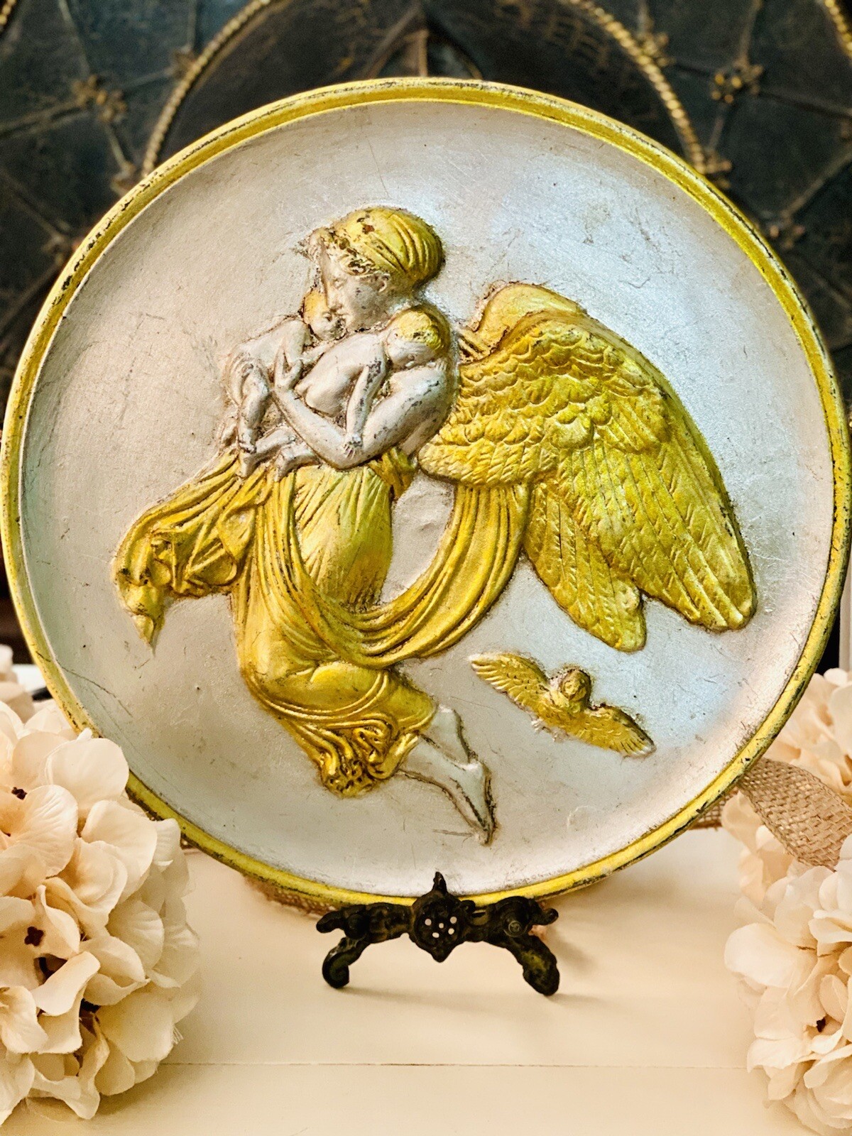 Antique Bombay 3-D Silver/Gold Angel/Infant Plaque Italy TerraCotta Peter Ipsen