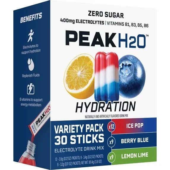 Peak H2O Hydration Electrolyte Drink Mix Variety Pack, Sugar-Free, 30 Count