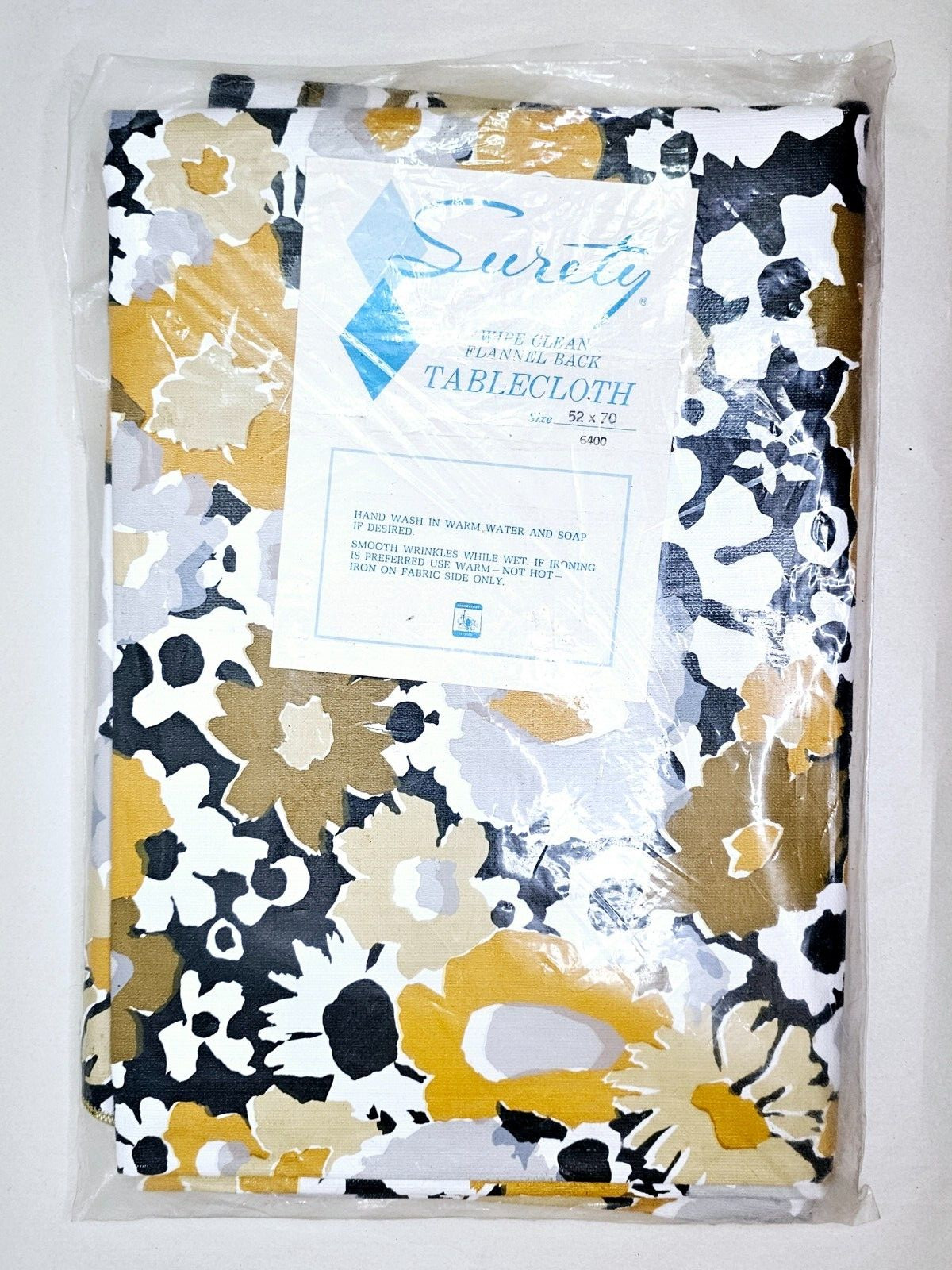 Vintage Surety Plastic Flannel Back Tablecloth 52x70 Floral Mid-Century Groovy