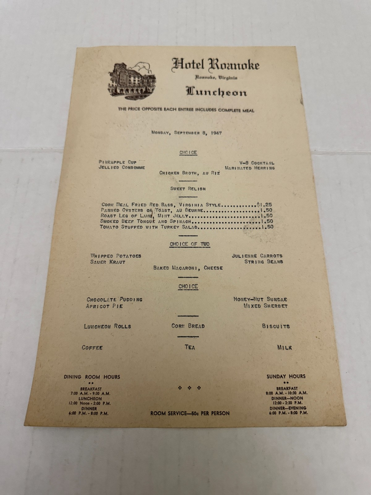 Vintage 1947 Hotel Roanoke Luncheon Restaurant Menu Roanoke Virginia