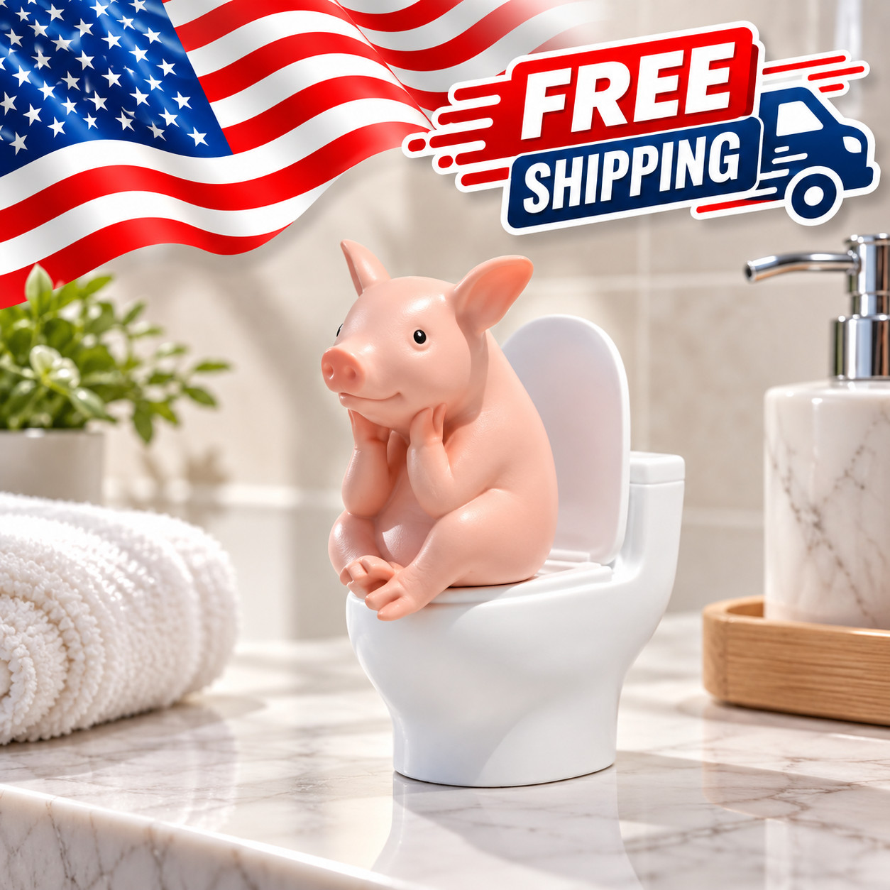 Adorable Pink Pig on Toilet Figurine - Whimsical Pvc Decor for Home, Office, & C