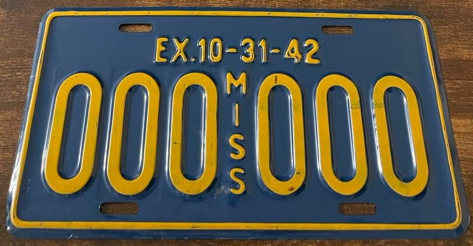 Vintage 1942 Mississippi Sample License Plate 000 000 WWII Year Embossed STEEL