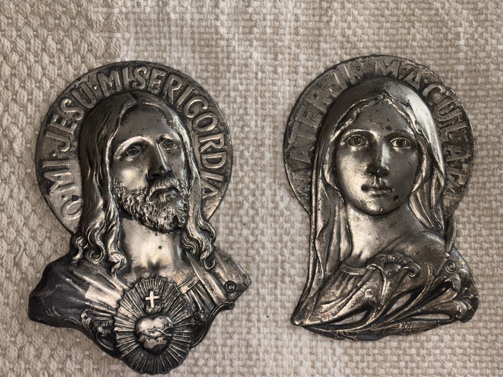Vintage Sacred Heart of Jesus & Immaculate Heart of Mary Metal Wall Plaques 1924