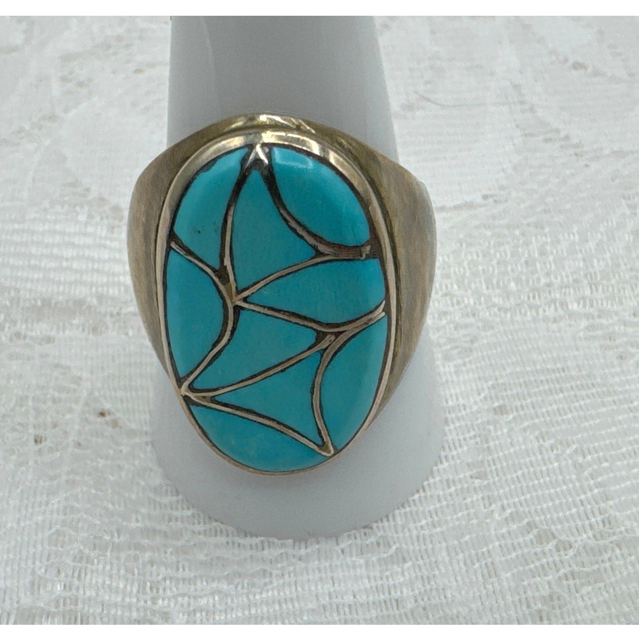 Edison & Laurenda Bobelu Zuni Sterling Silver Turquoise Inlay Ring Size 10.5