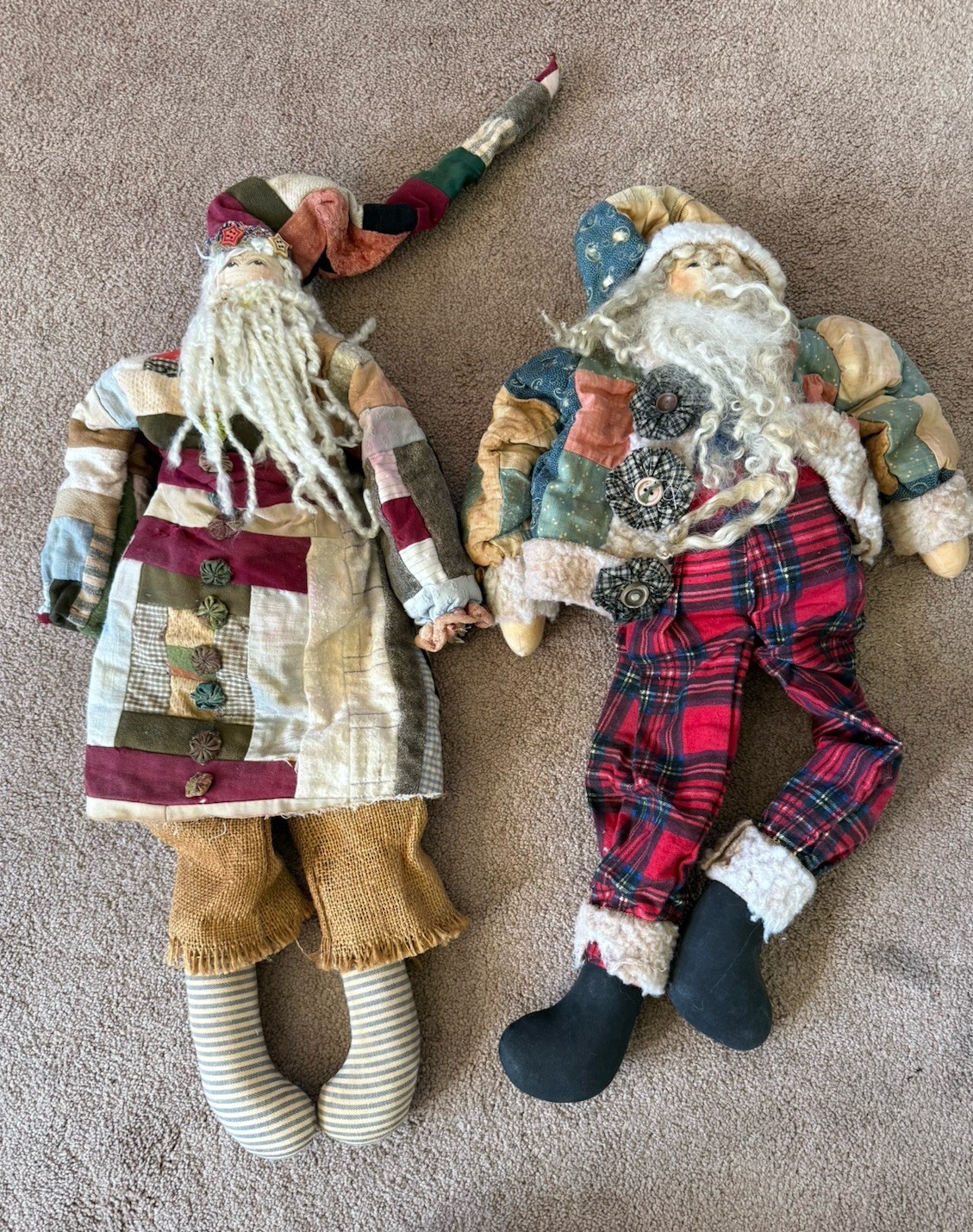 2 Vintage Primitive Doll Folk Art Handmade Santa Christmas Holiday Antique Dolls