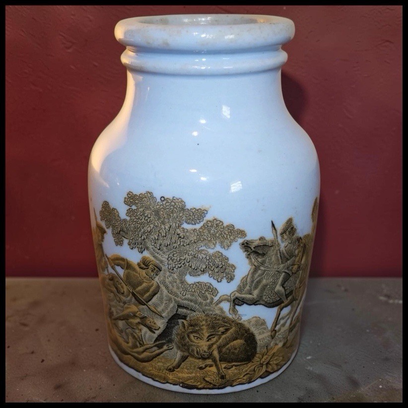 Antique Circa 1880 English Prattware Pottery Blue Boar Hunt Scene Mustard Jar