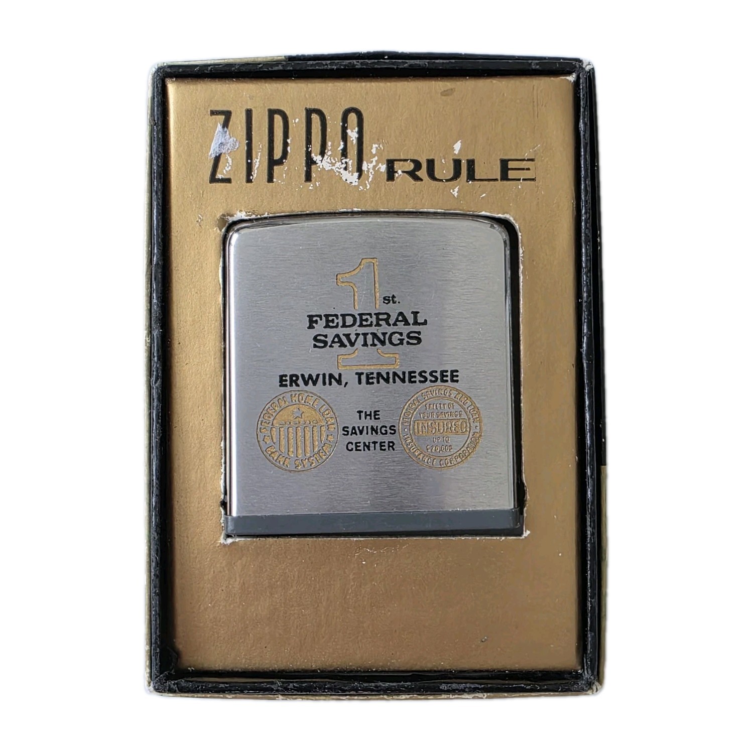 Vintage 1960s Zippo Rule Tape Measure 1st Federal Savings Erwin TN w/ Box