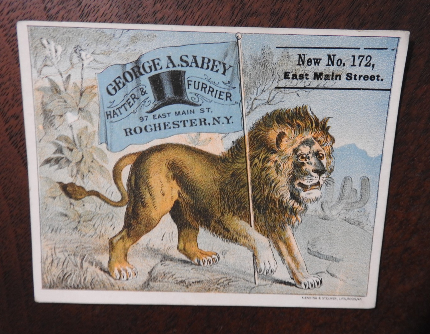 George A. Sabey Hatter & Furrier, LION w FLAG Victorian Trade Card, ROCHESTER NY