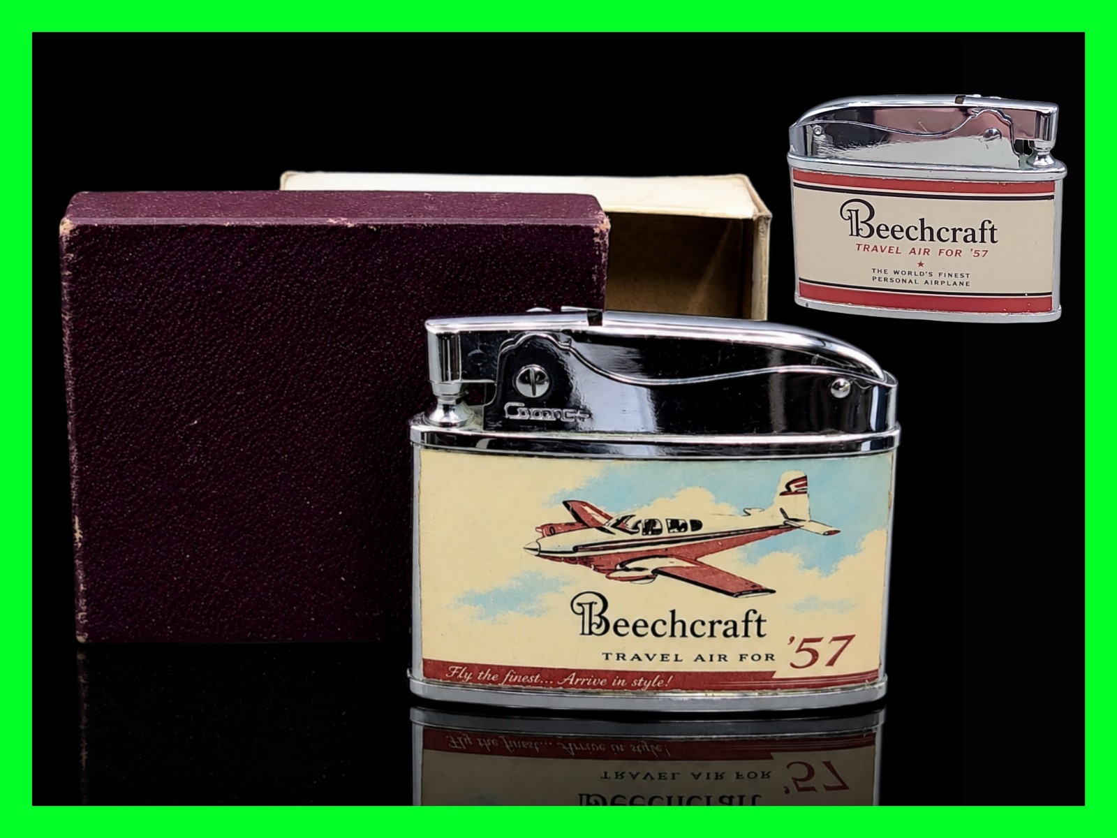Vintage 1957 Beechcraft Travel Air Airplane Flat Ad Cigarette Lighter With Box