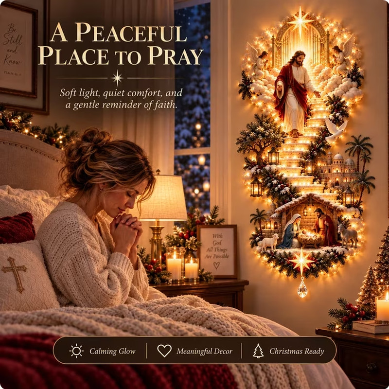 Jesus Light of Heaven Christmas Wall Hanging, Lighted Religious Nativity Wall De