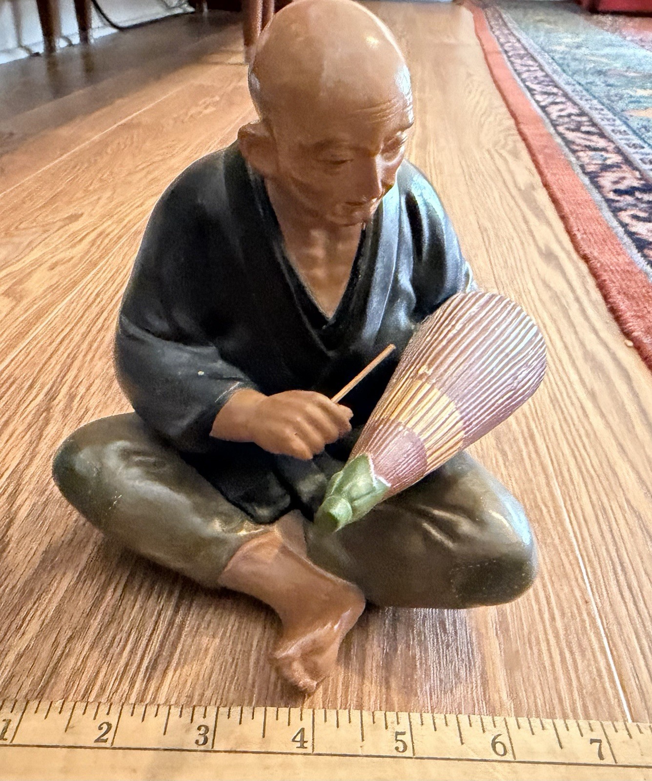 Vintage Japanese Hakata Urasaki Clay Figurine Seated Man Umbrella Maker 1950s