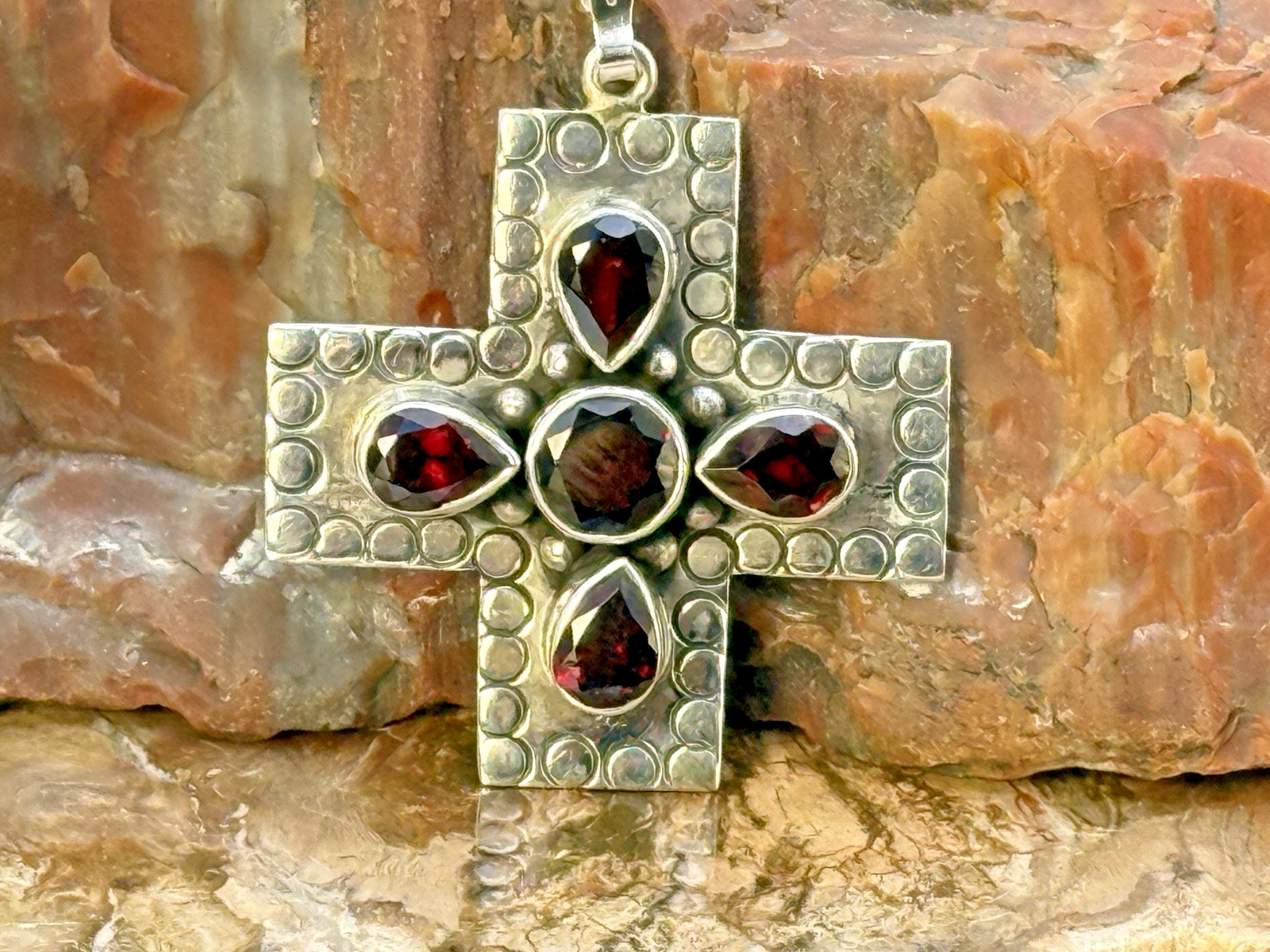 Vintage Dan Dodson Navajo Stamped Sterling Silver Garnet Cross Pendant--2327.26