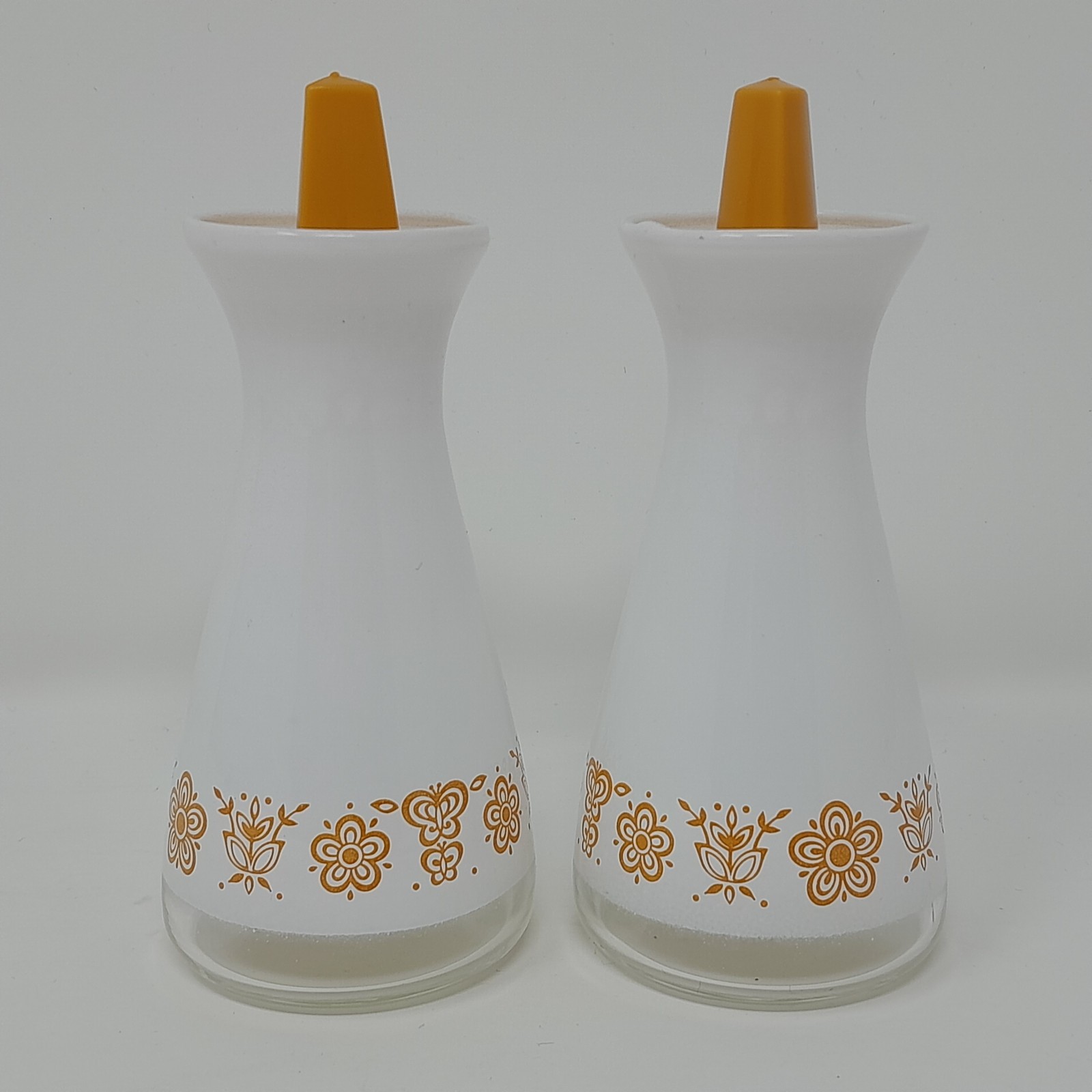 Vintage 1970s Pyrex Butterfly Gold Salt & Pepper Shakers Glass Corelle Set