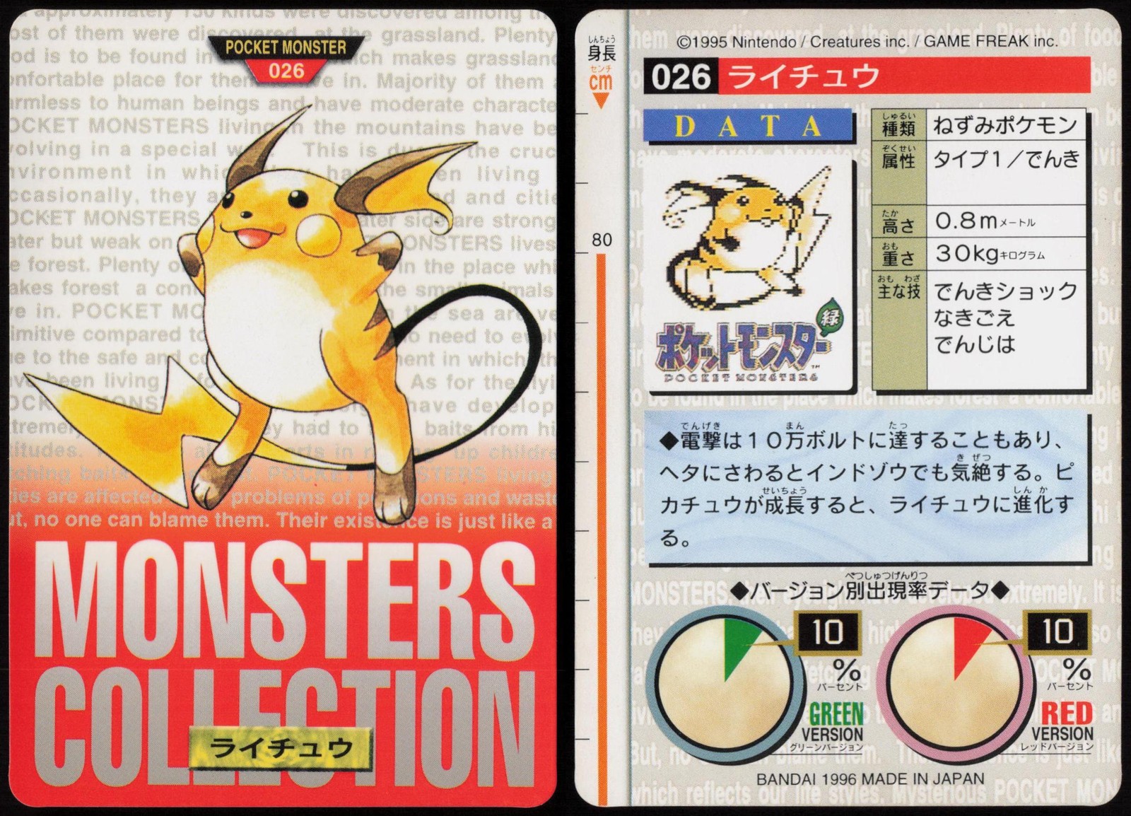 Raichu No. 026 Red Bandai Carddass Series 1-2 R 1996 Pokemon Japanese NM