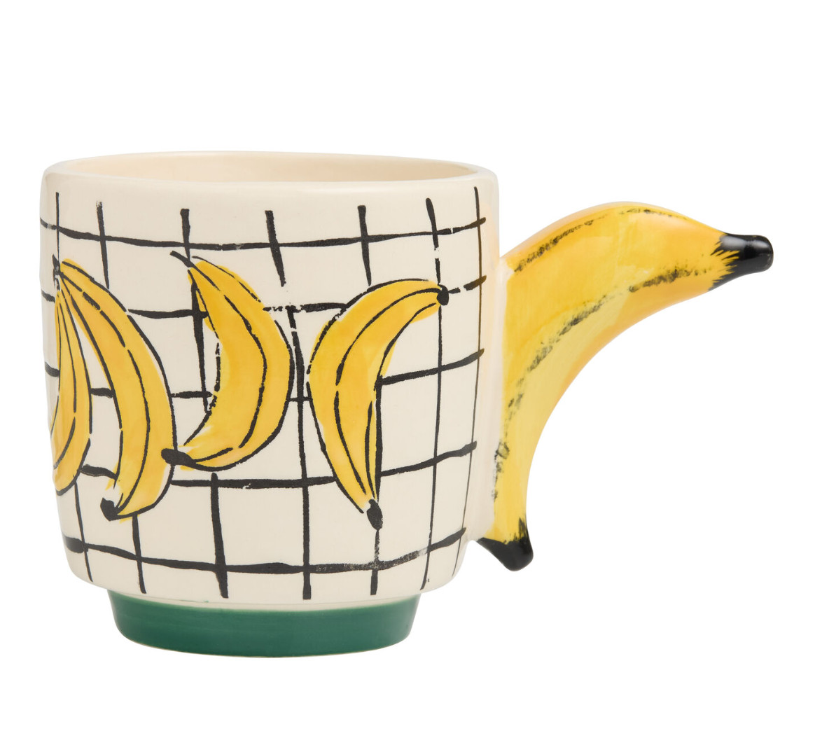 White Yellow Banana Handle Ceramic Mug 13 oz – Hand Painted Fruit Coffee Cup