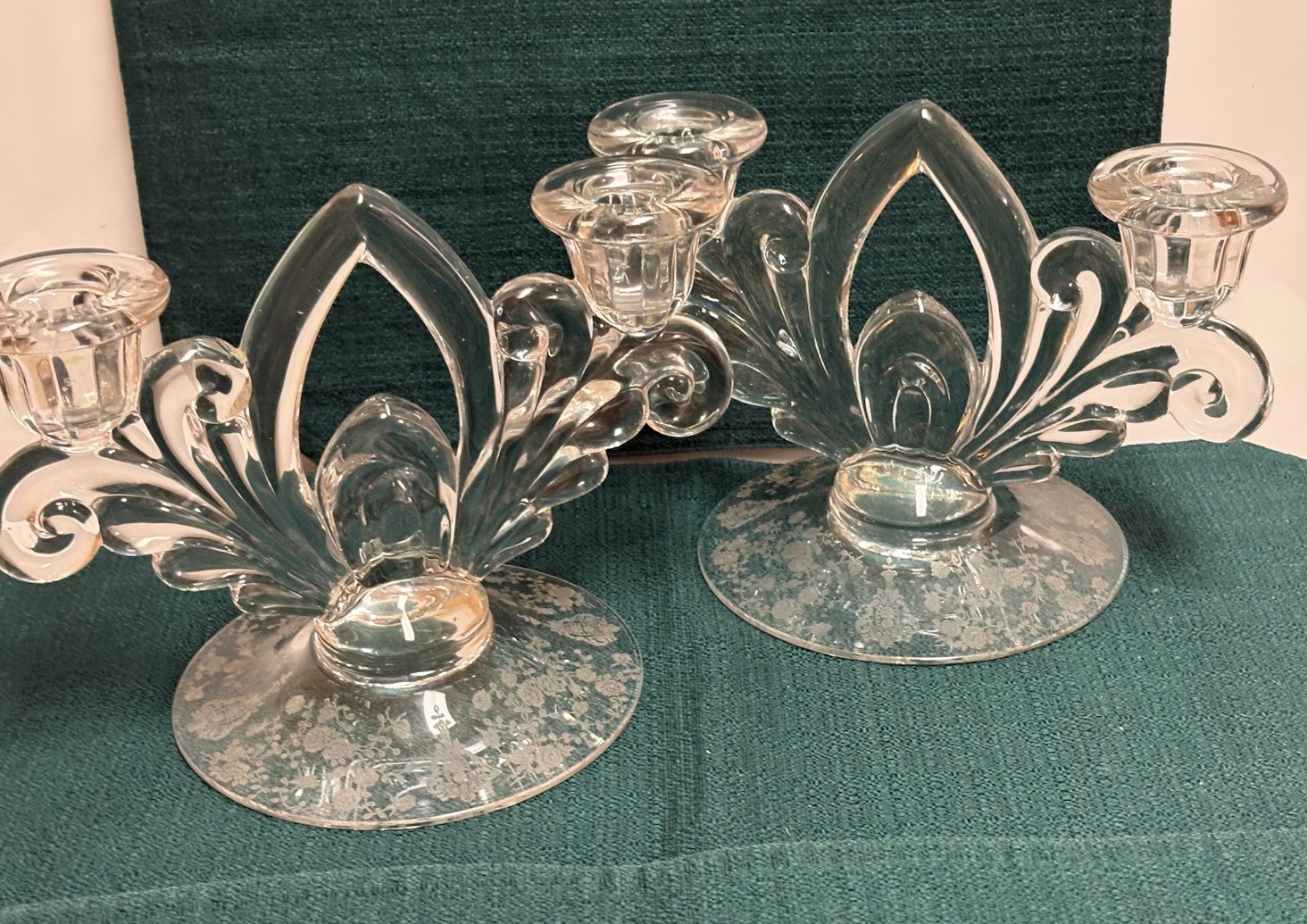 PR 1920s Cambridge Etched Rose Point Double Candlestick Holders 8.5”w 5.5”h EUC