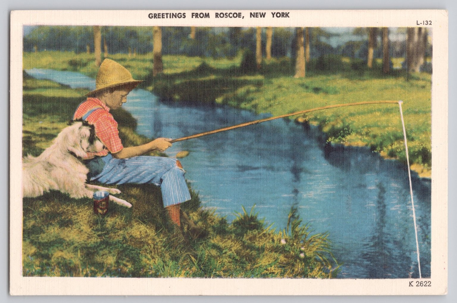 Vintage Roscoe NY Boy Fishing with Dog Linen Postcard Colourpicture