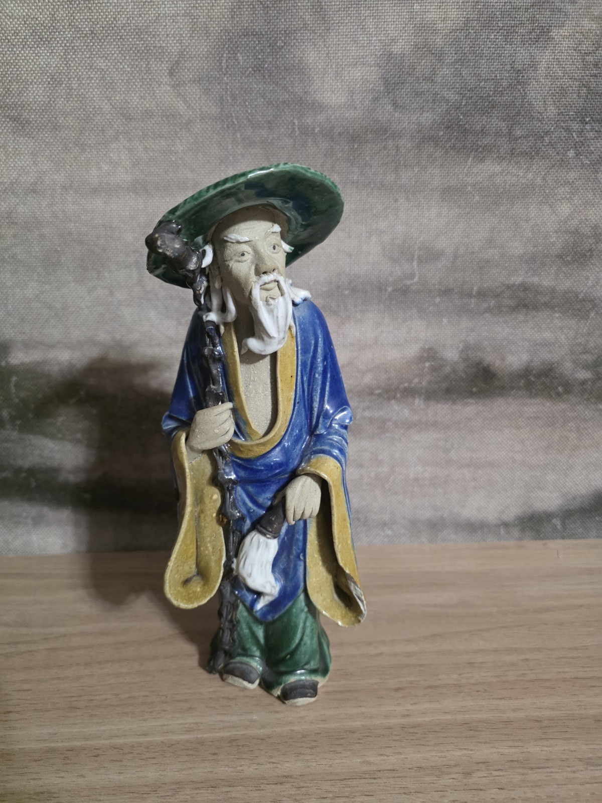 Antique Chinese Mudman Figurine Shiwan Pottery Elder Wise Sage Staff Stamp CHINA
