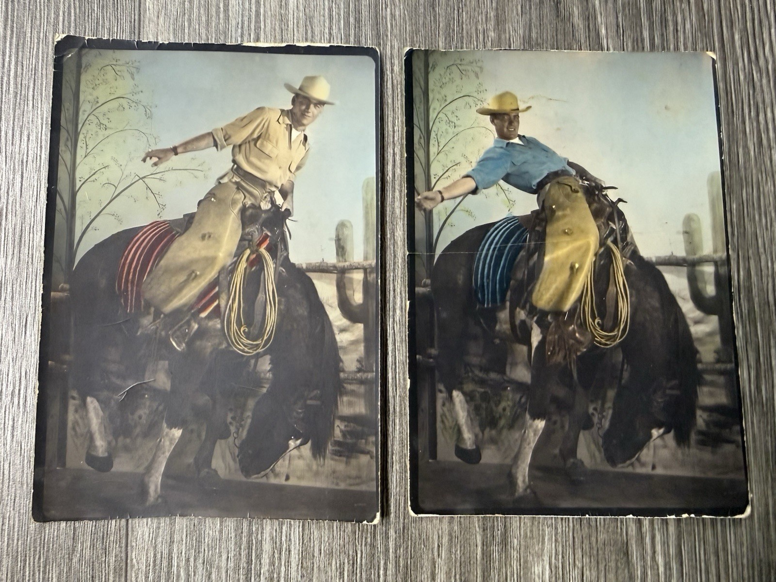 Vtg Mid Century Western Art Prints Pair Cowboy Bucking Bronco Rare Color Variant