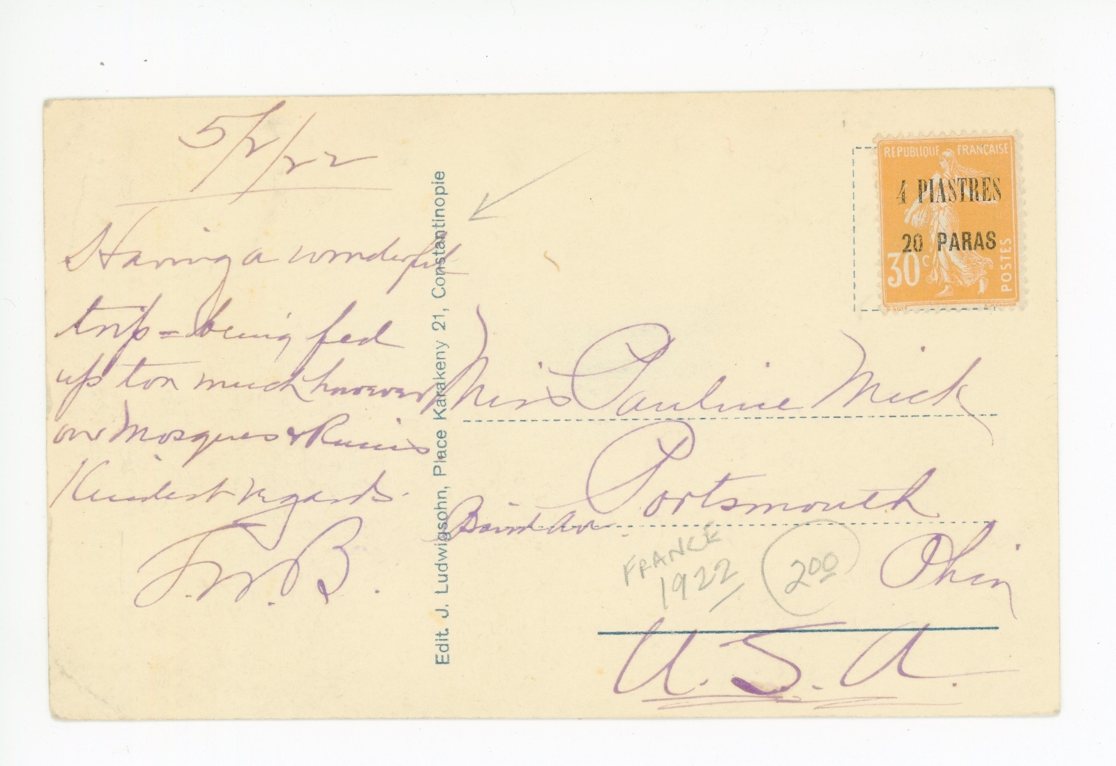 Turkey Stamp Overprint—RPPC Chechzade Bachi CONSTANTINOPLE French Occupation \'22