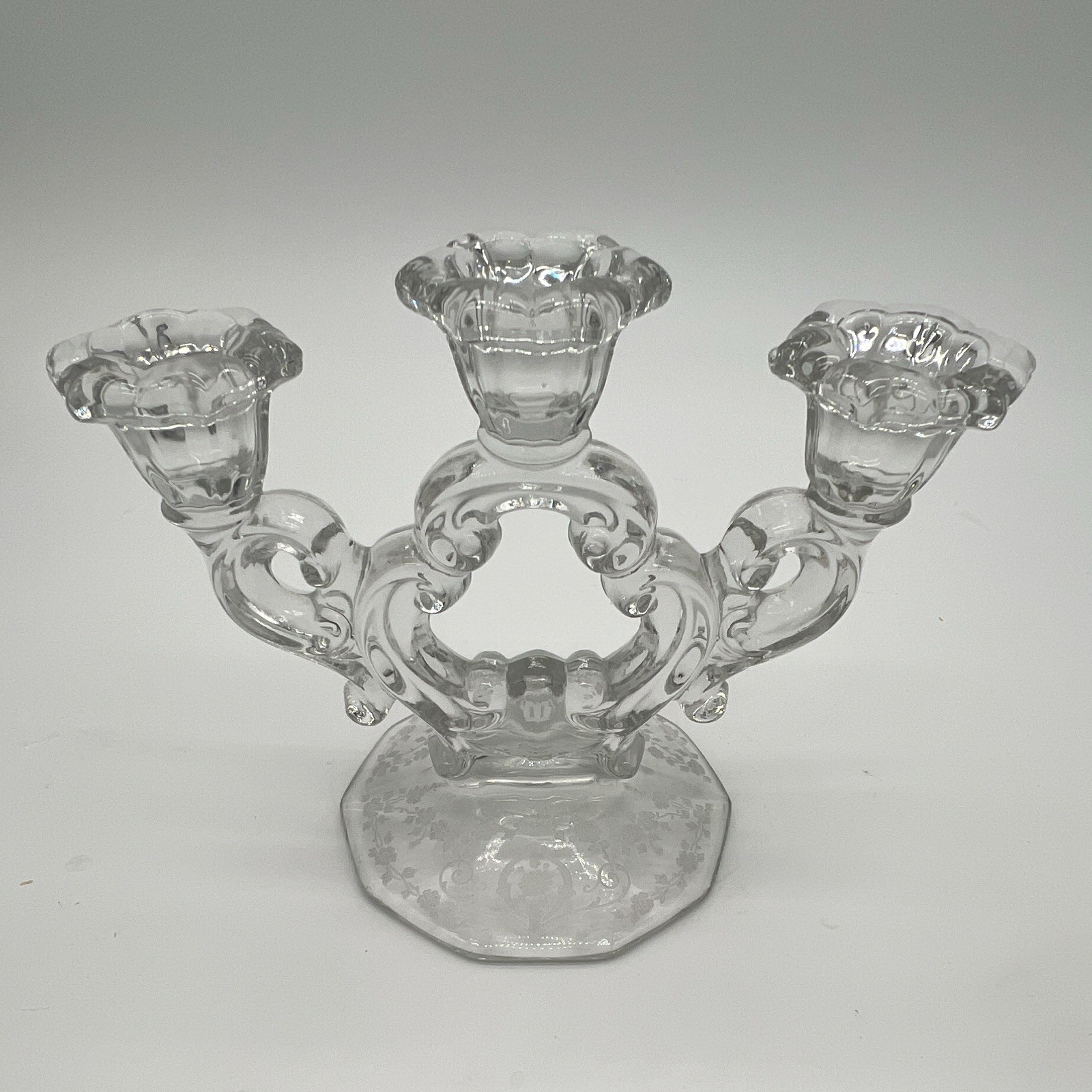 Vintage Elegant Clear Glass 3 Light Candelabra Triple Taper Candle Holder Scroll