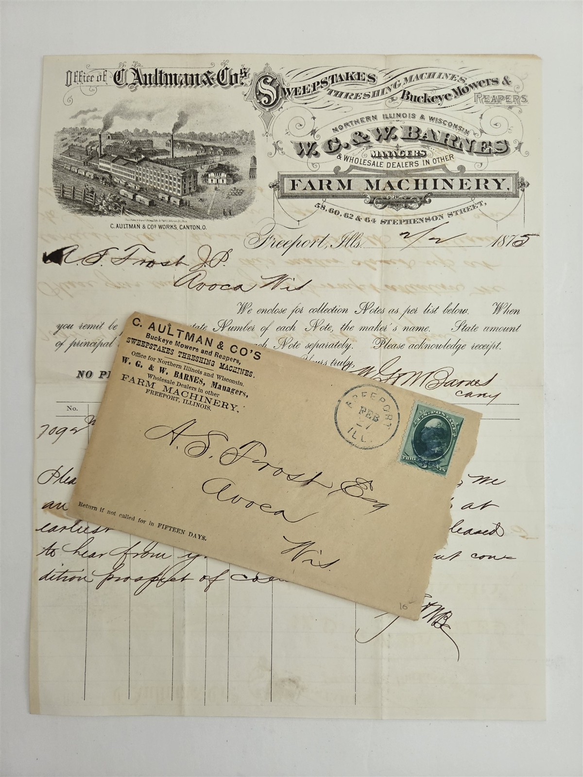 1875 antique C AULTMAN & CO freeport il FARM MACHINERY Barnes LETTERHEAD ENV LOT