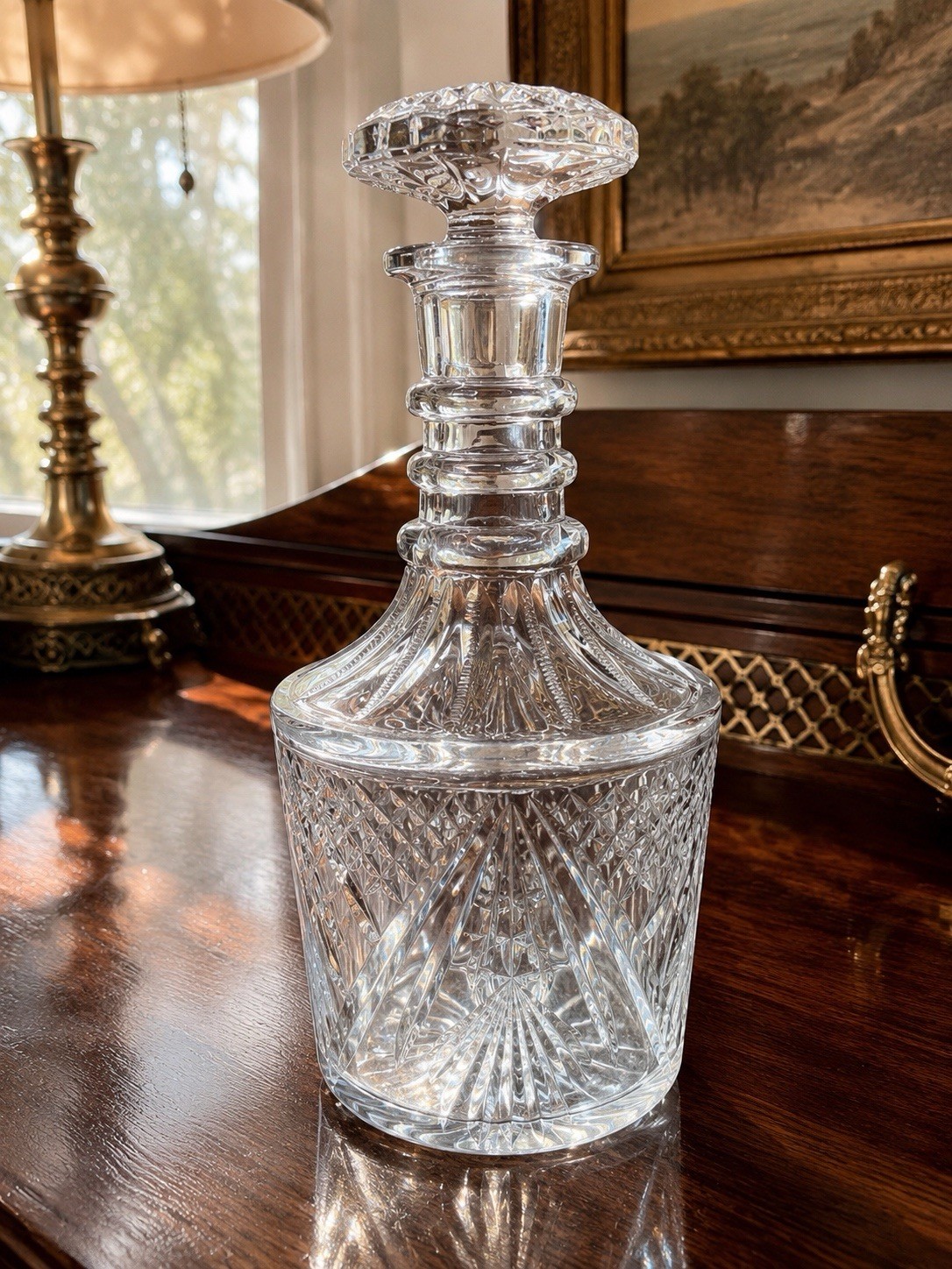 Vintage Anglo Irish Style Cut Crystal Decanter Triple Ring Neck Mushroom Stopper